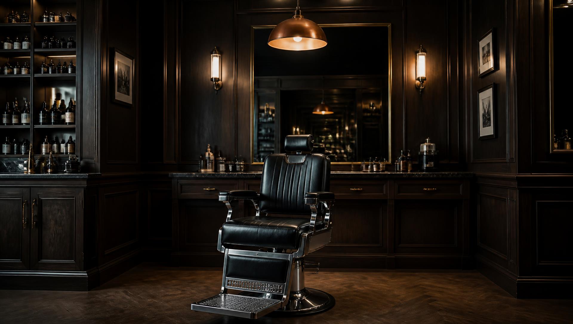 Dunkler Barbershop mit beleuchtetem Barbersessel