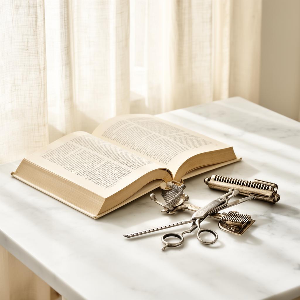 Aufgeschlagenes Buch und Barber-Werkzeuge auf Marmor