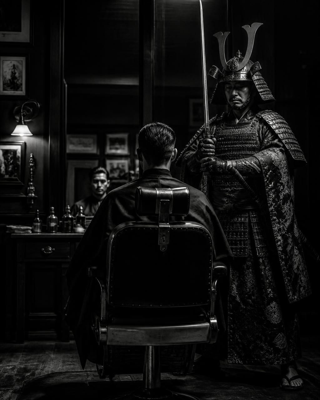 Samurai mit Katana hinter dem Kunden im Barbershop